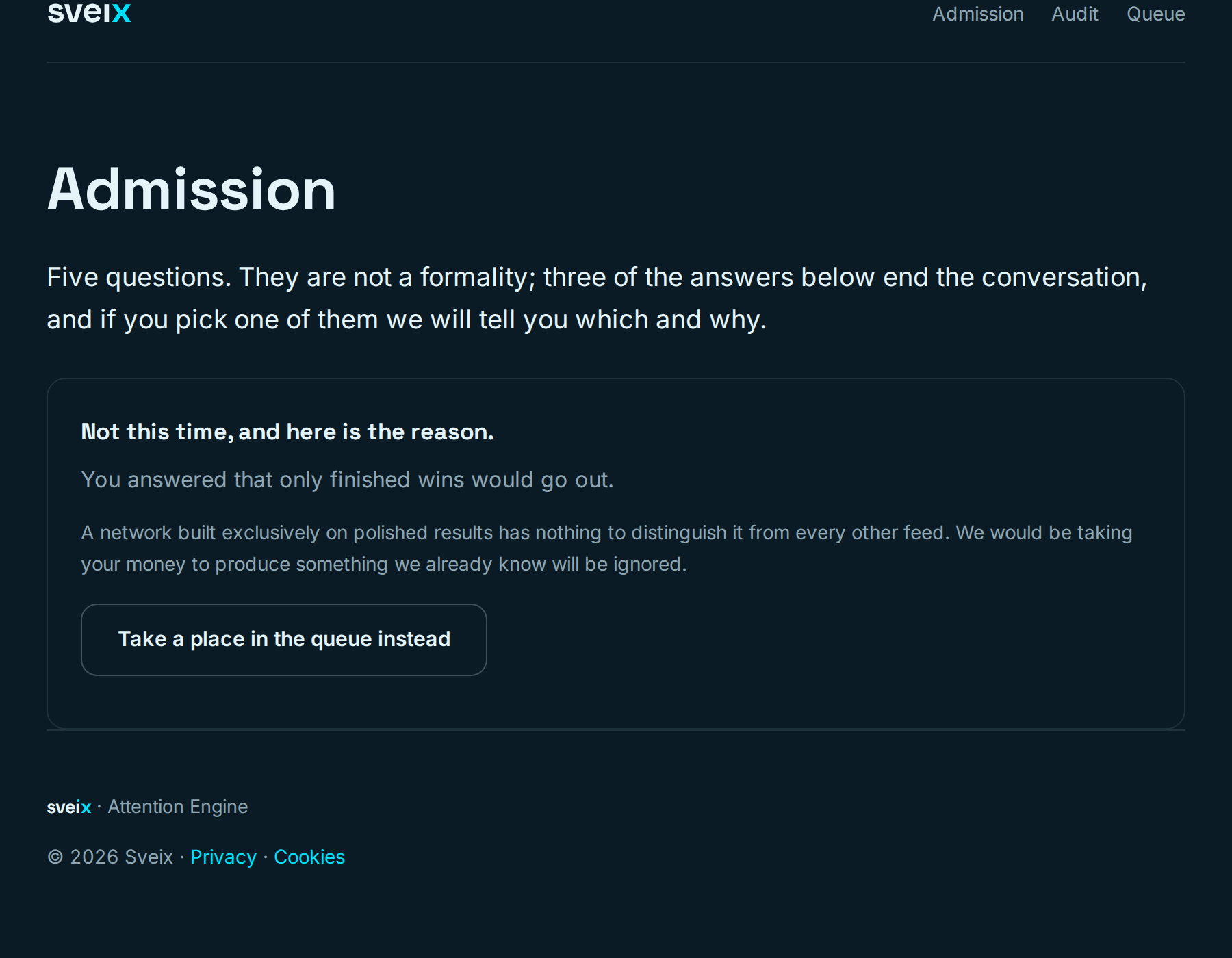 Admission rejection screen naming the answer and the reason